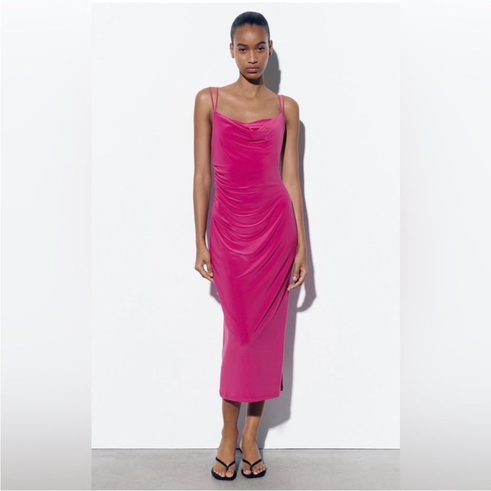 Pink Midi Dress with Cowl Neck